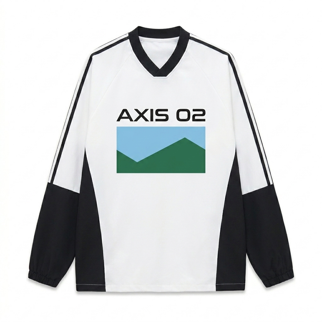 Custom Color-Block V-Neck Long-Sleeve T-Shirt design direction 2: Geometric Horizon Graphic featuring the AXIS 02 wordmark