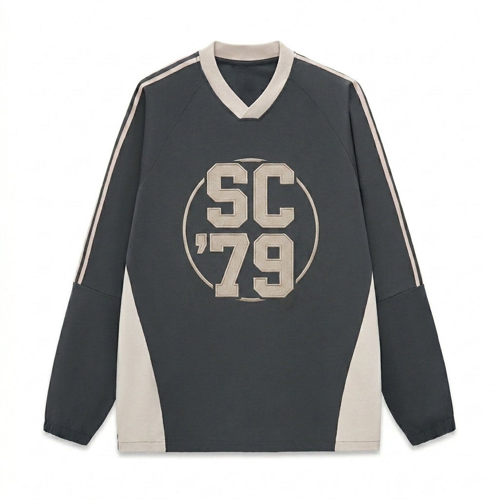 Custom Color-Block V-Neck Long-Sleeve T-Shirt design direction 3: Varsity Athletic Emblem featuring the SLOW CLUB wordmark