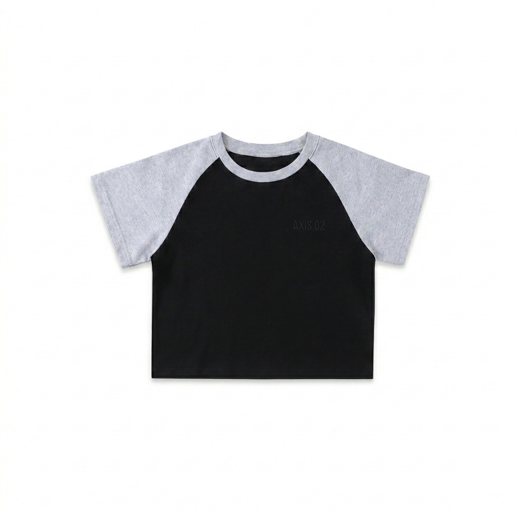 Custom Color-Blocked Raglan Crop Top design direction 1: Tonal Minimalist Wordmark featuring the AXIS 02 wordmark