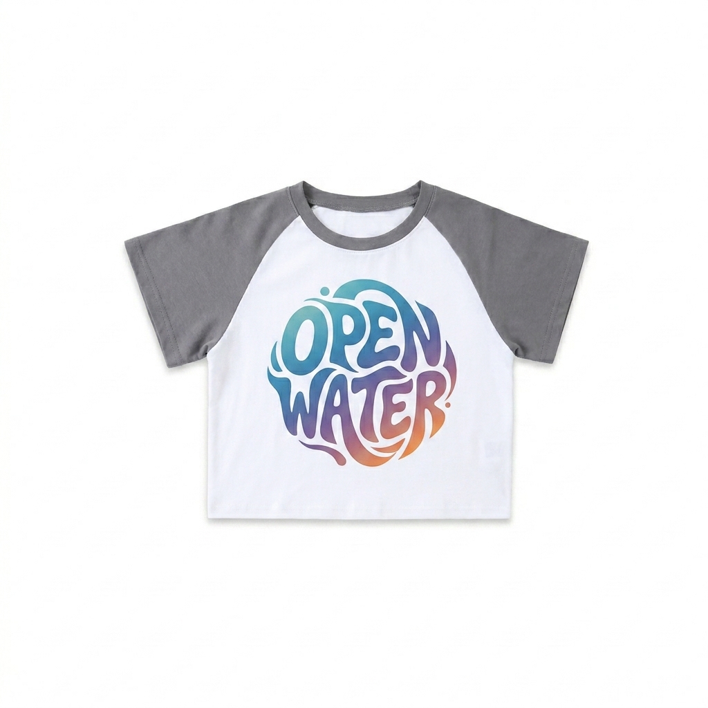Custom Color-Blocked Raglan Crop Top design direction 2: Bold Abstract Graphic featuring the OPEN WATER wordmark
