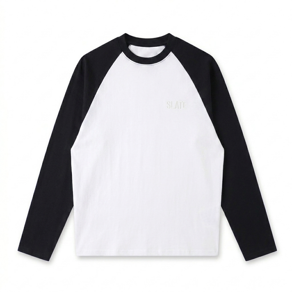 Custom Color-Blocked Raglan Long-Sleeve T-Shirt design direction 1: Tonal Left Chest Wordmark featuring the SLATE wordmark