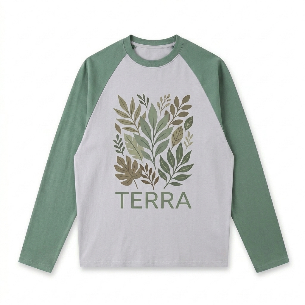 Custom Color-Blocked Raglan Long-Sleeve T-Shirt design direction 2: Abstract Botanical Graphic featuring the TERRA wordmark