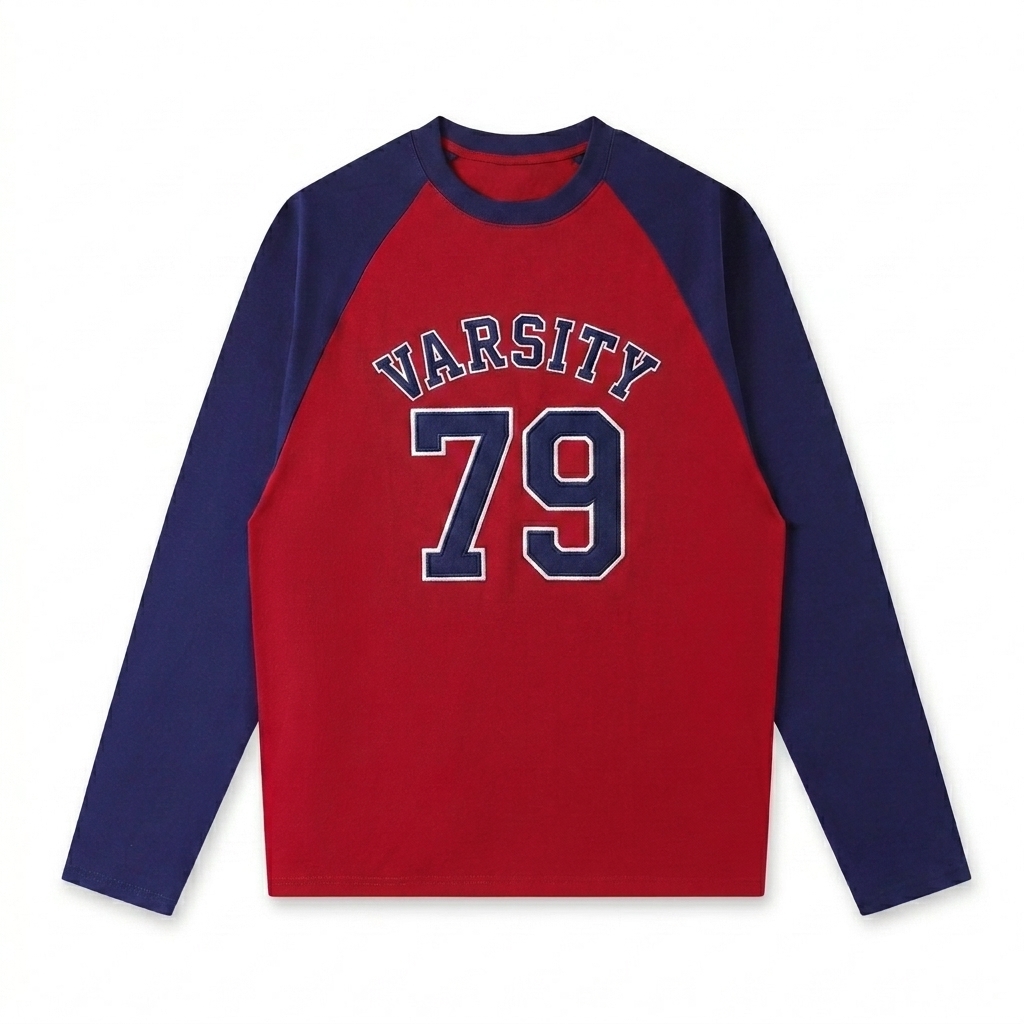 Custom Color-Blocked Raglan Long-Sleeve T-Shirt design direction 3: Collegiate Sport Emblem featuring the VARSITY 79 wordmark