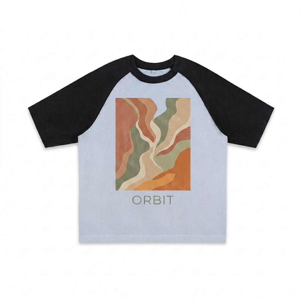 Custom Color-Blocked Raglan Sleeve T-Shirt design direction 2: Abstract Flow featuring the ORBIT wordmark
