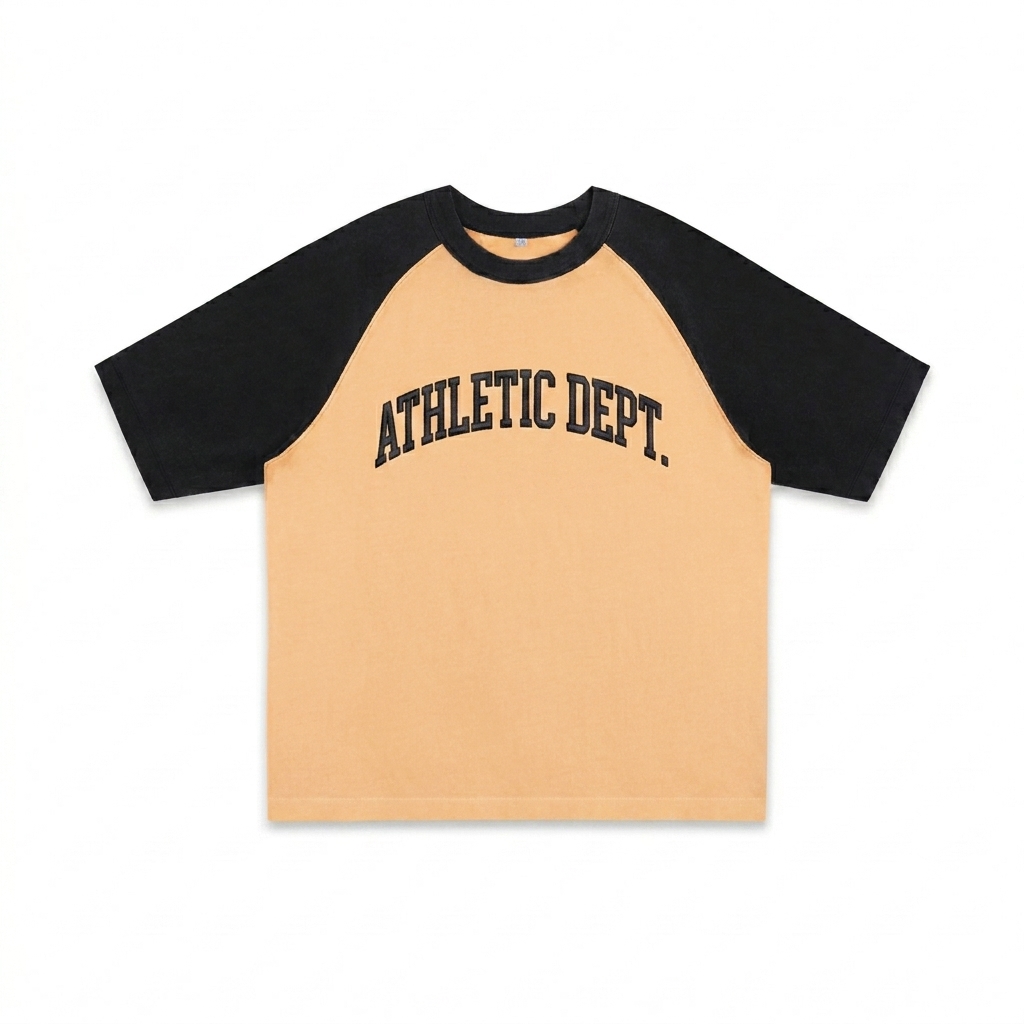 Custom Color-Blocked Raglan Sleeve T-Shirt design direction 3: Heritage Script featuring the ATHLETIC DEPT. wordmark