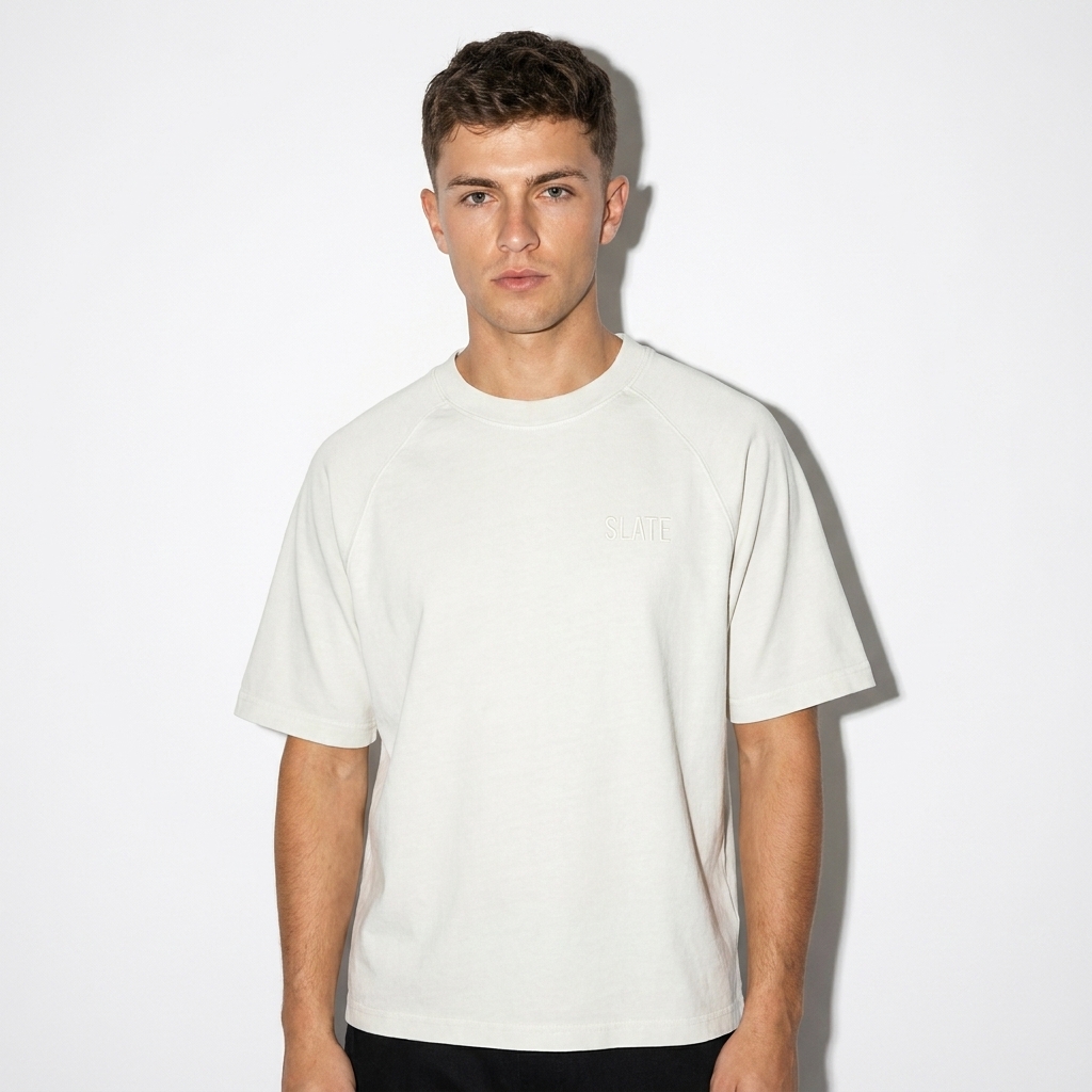 Color-Blocked Raglan Sleeve T-Shirt worn by a petite White European male fashion influencer, preppy ivy styling, studio lookbook — custom color-blocked raglan sleeve t-shirt