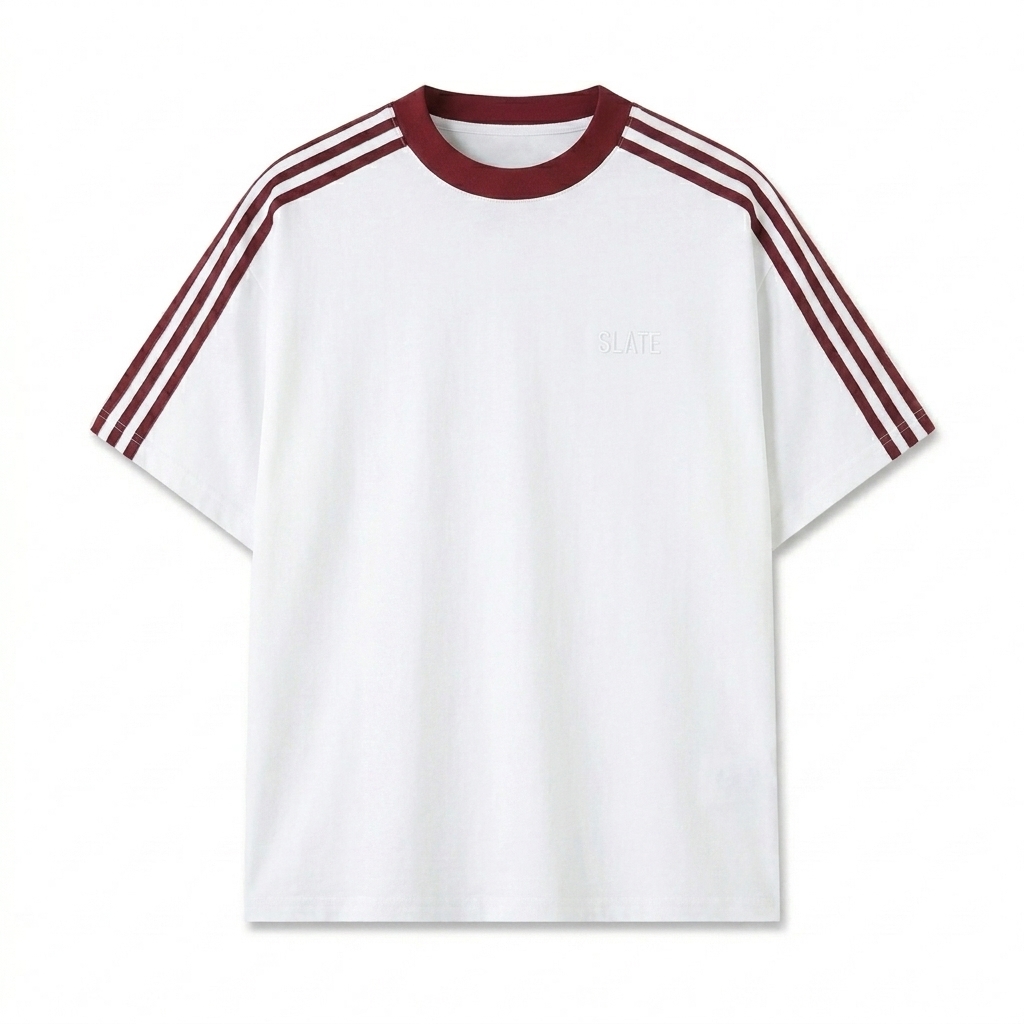 Custom Colorblock Striped T-Shirt design direction 1: Tonal Minimalist Wordmark featuring the SLATE wordmark