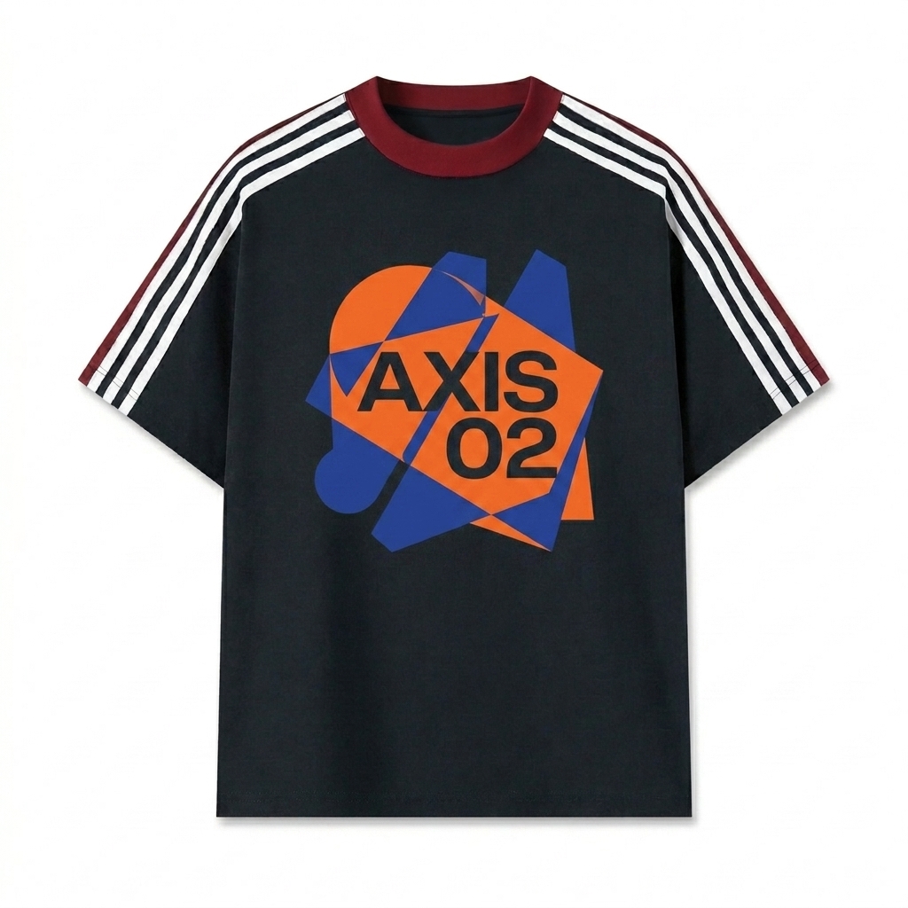 Custom Colorblock Striped T-Shirt design direction 2: Bold Abstract Graphic featuring the AXIS 02 wordmark