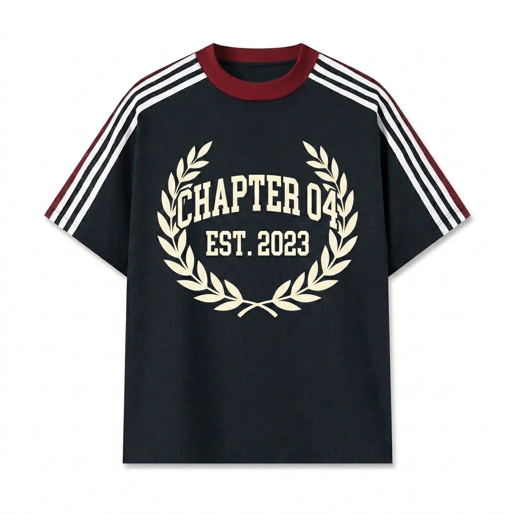 Custom Colorblock Striped T-Shirt design direction 3: Retro Collegiate Emblem featuring the CHAPTER 04 wordmark