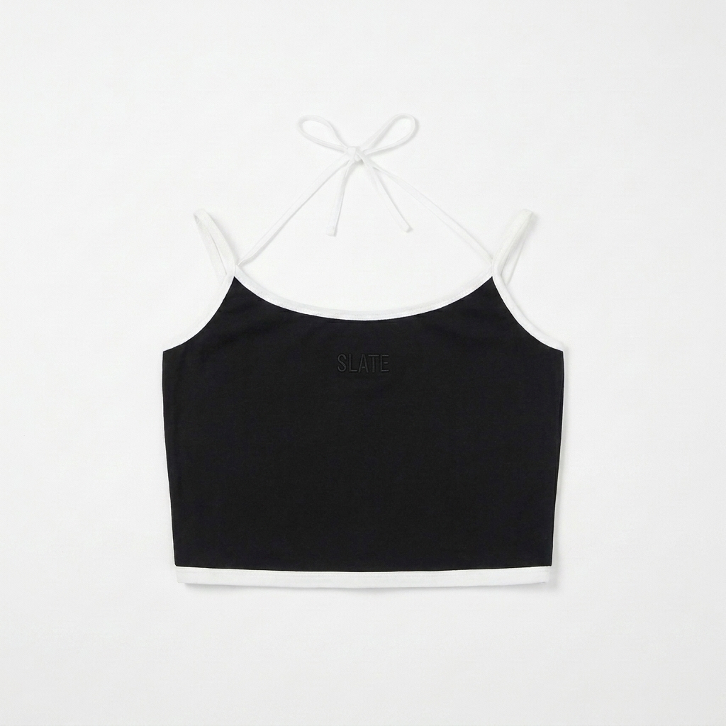 Custom Contrast Binding Halter Tank Top design direction 1: Tonal Minimalist Wordmark featuring the SLATE wordmark