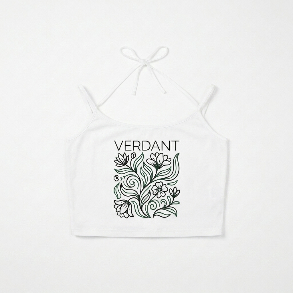 Custom Contrast Binding Halter Tank Top design direction 2: Bold Graphic Illustration featuring the VERDANT wordmark