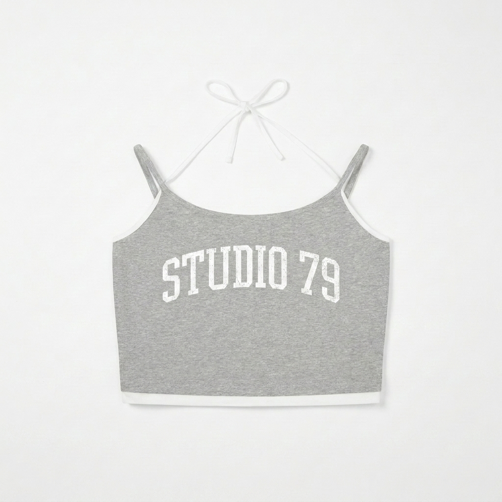 Custom Contrast Binding Halter Tank Top design direction 3: Retro Collegiate Typography featuring the STUDIO 79 wordmark
