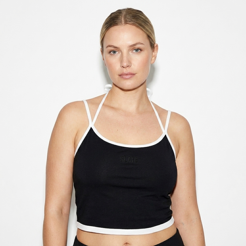 Contrast Binding Halter Tank Top worn by a mid-size Scandinavian female fashion influencer, y2k revival styling, studio lookbook — custom contrast binding halter tank top