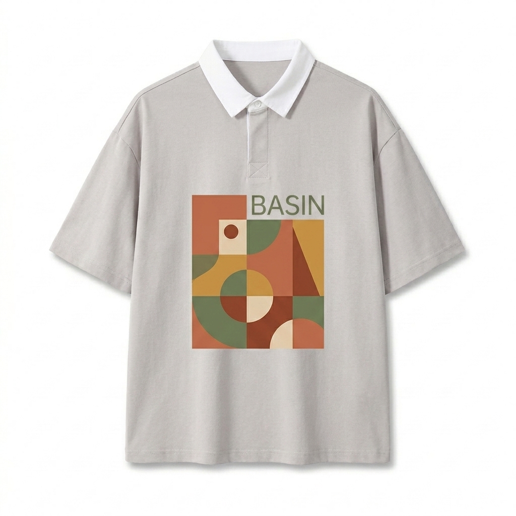 Custom Contrast Collar Polo Shirt design direction 2: Bold Graphic Illustration featuring the BASIN wordmark