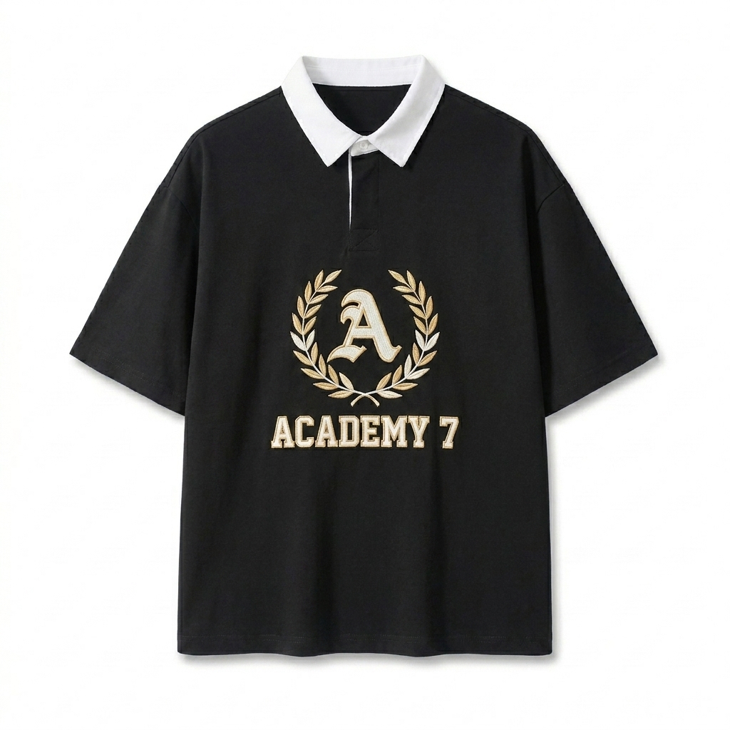 Custom Contrast Collar Polo Shirt design direction 3: Retro Collegiate Emblem featuring the ACADEMY 7 wordmark