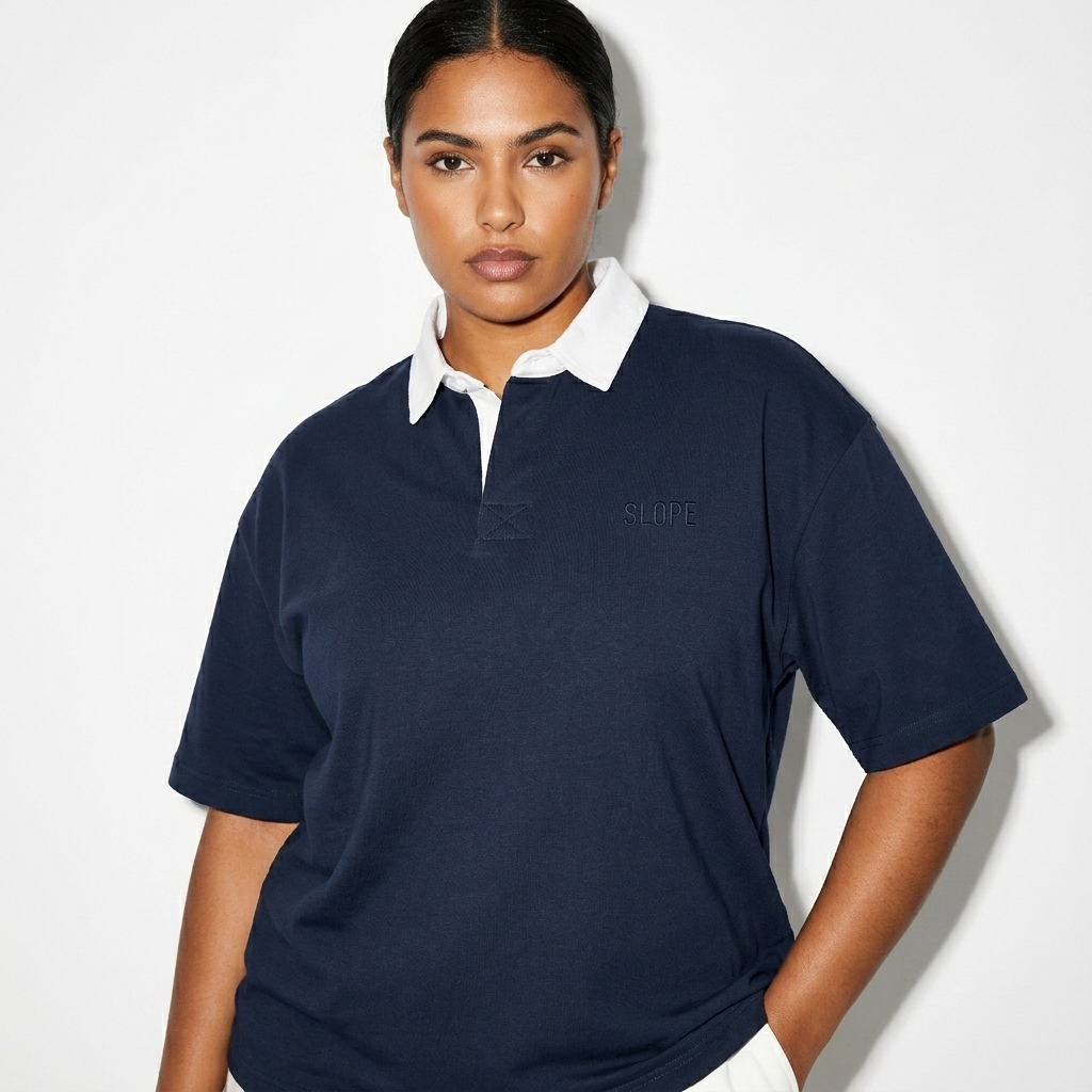 Contrast Collar Polo Shirt worn by a mid-size North African female fashion influencer, sporty athleisure styling, studio lookbook — custom contrast collar polo shirt