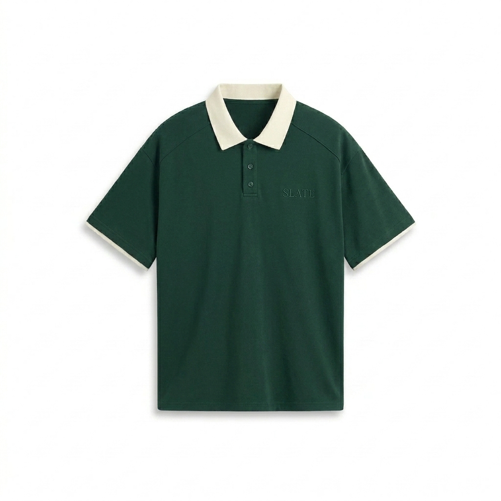 Custom Contrast Collar Raglan Polo Shirt design direction 1: Tonal Heritage Wordmark featuring the SLATE wordmark
