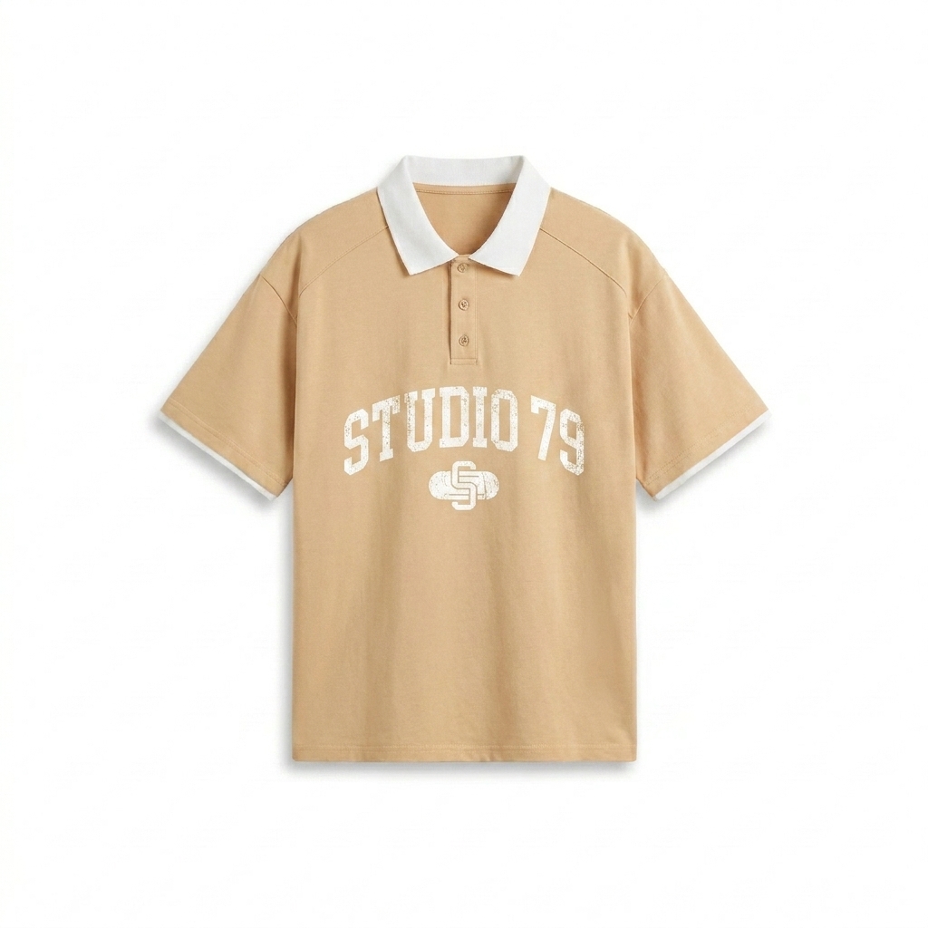 Custom Contrast Collar Raglan Polo Shirt design direction 2: Retro Collegiate Emblem featuring the STUDIO 79 wordmark