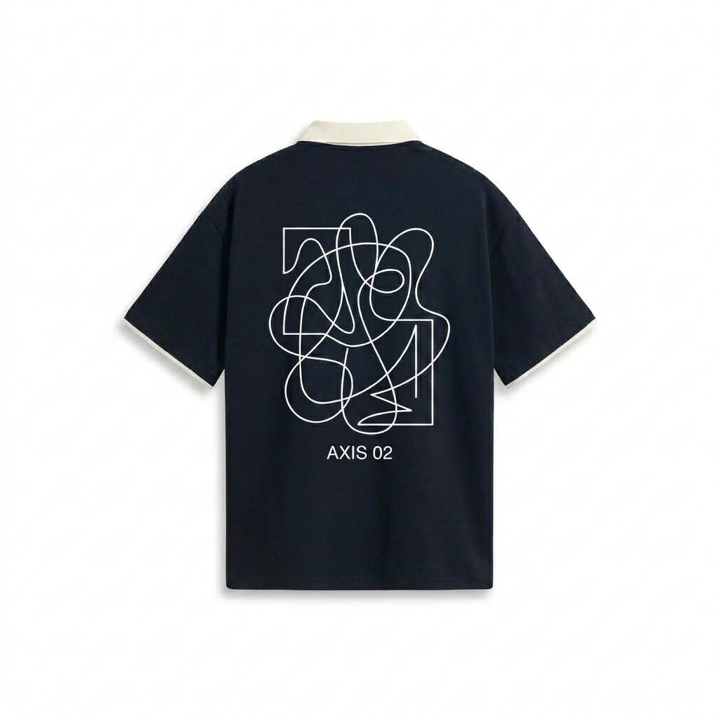 Custom Contrast Collar Raglan Polo Shirt design direction 3: Abstract Line Art featuring the AXIS 02 wordmark