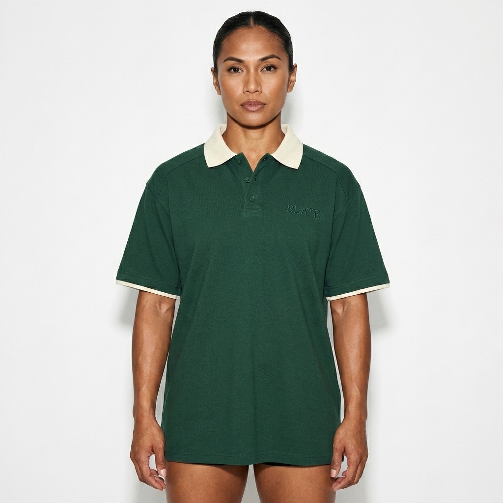 Contrast Collar Raglan Polo Shirt worn by a athletic muscular Filipino female fashion influencer, preppy ivy styling, studio lookbook — custom contrast collar raglan polo shirt