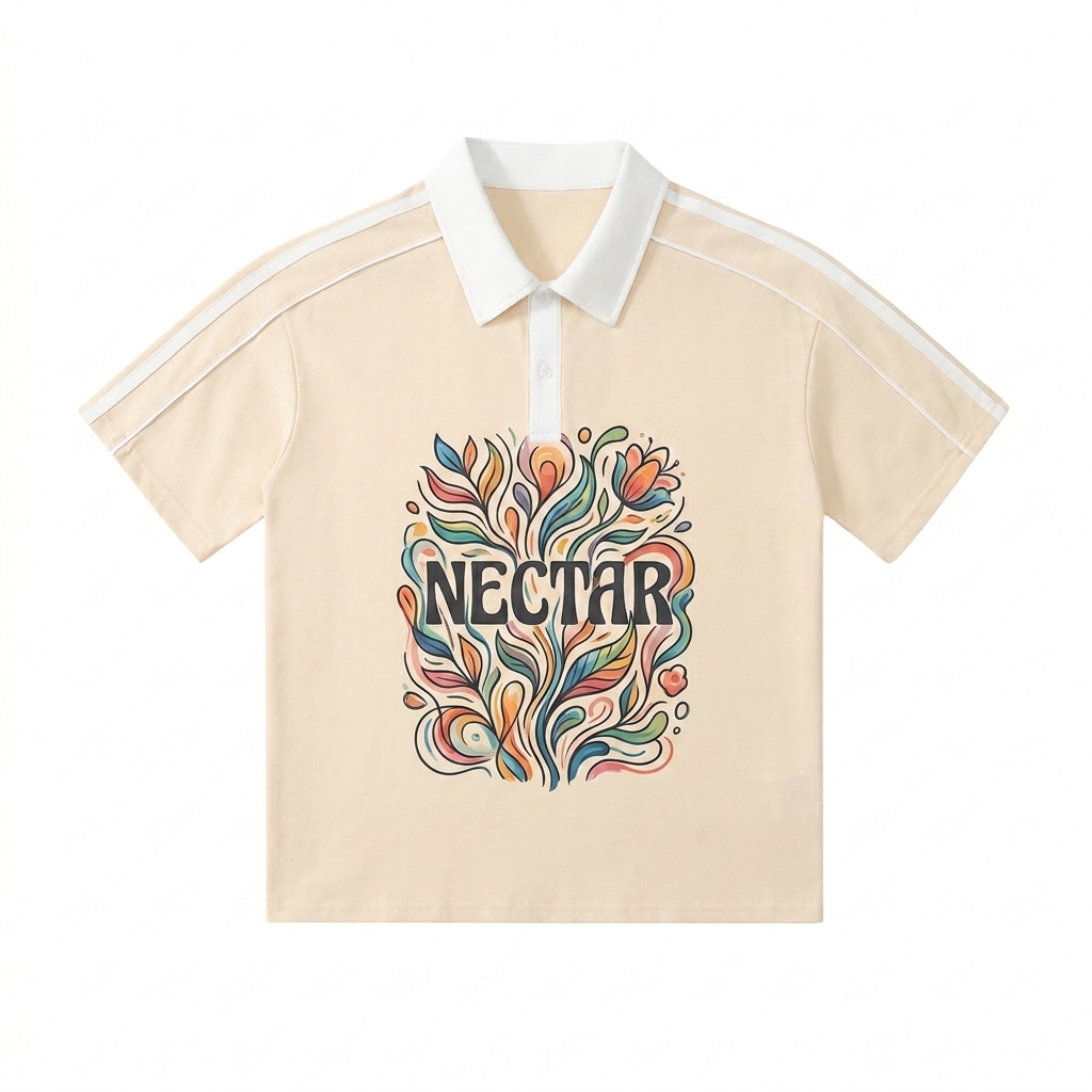 Custom Contrast Collar Short-Sleeve Polo Shirt design direction 2: Abstract Botanical Graphic featuring the NECTAR wordmark
