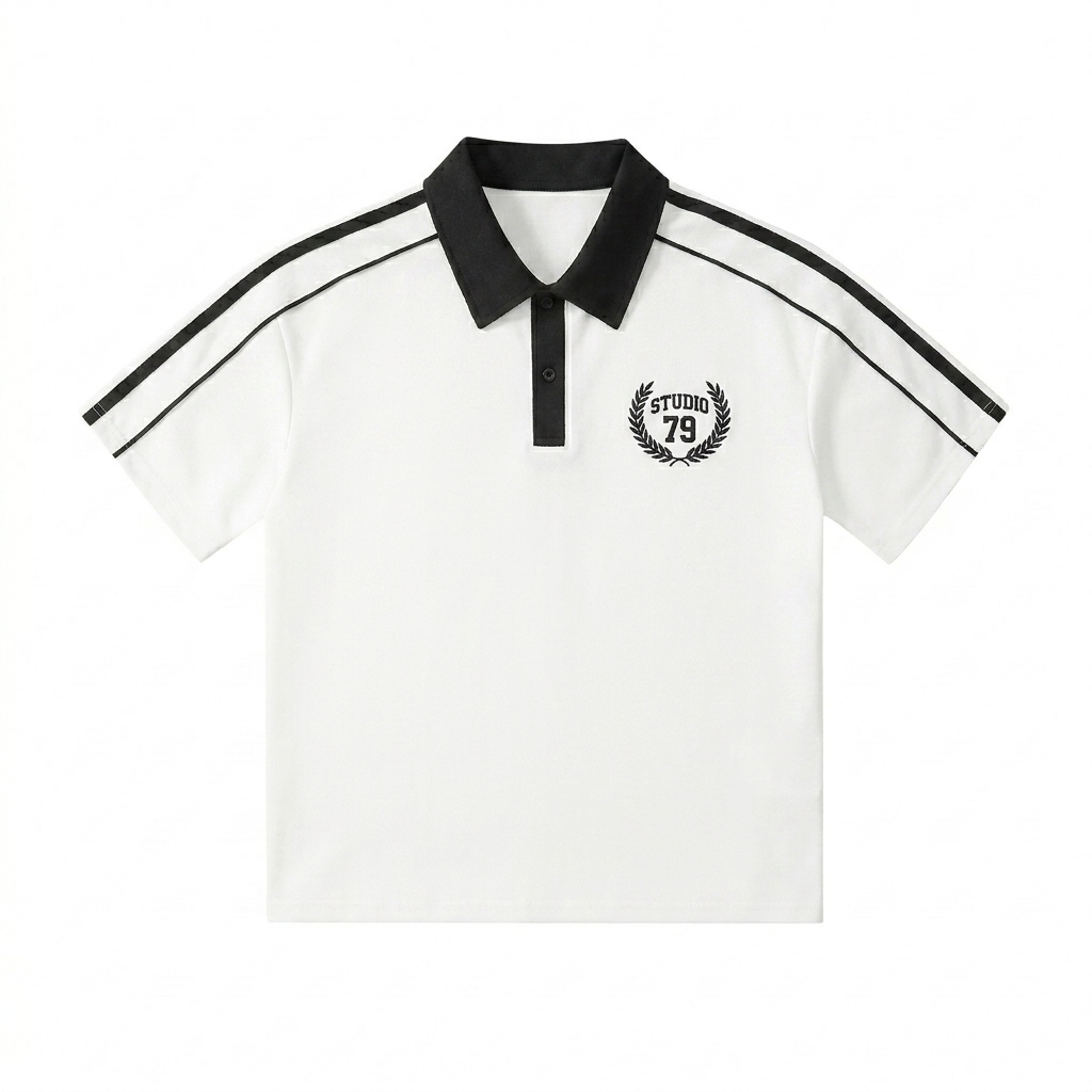 Custom Contrast Collar Short-Sleeve Polo Shirt design direction 3: Collegiate Emblem featuring the STUDIO 79 wordmark