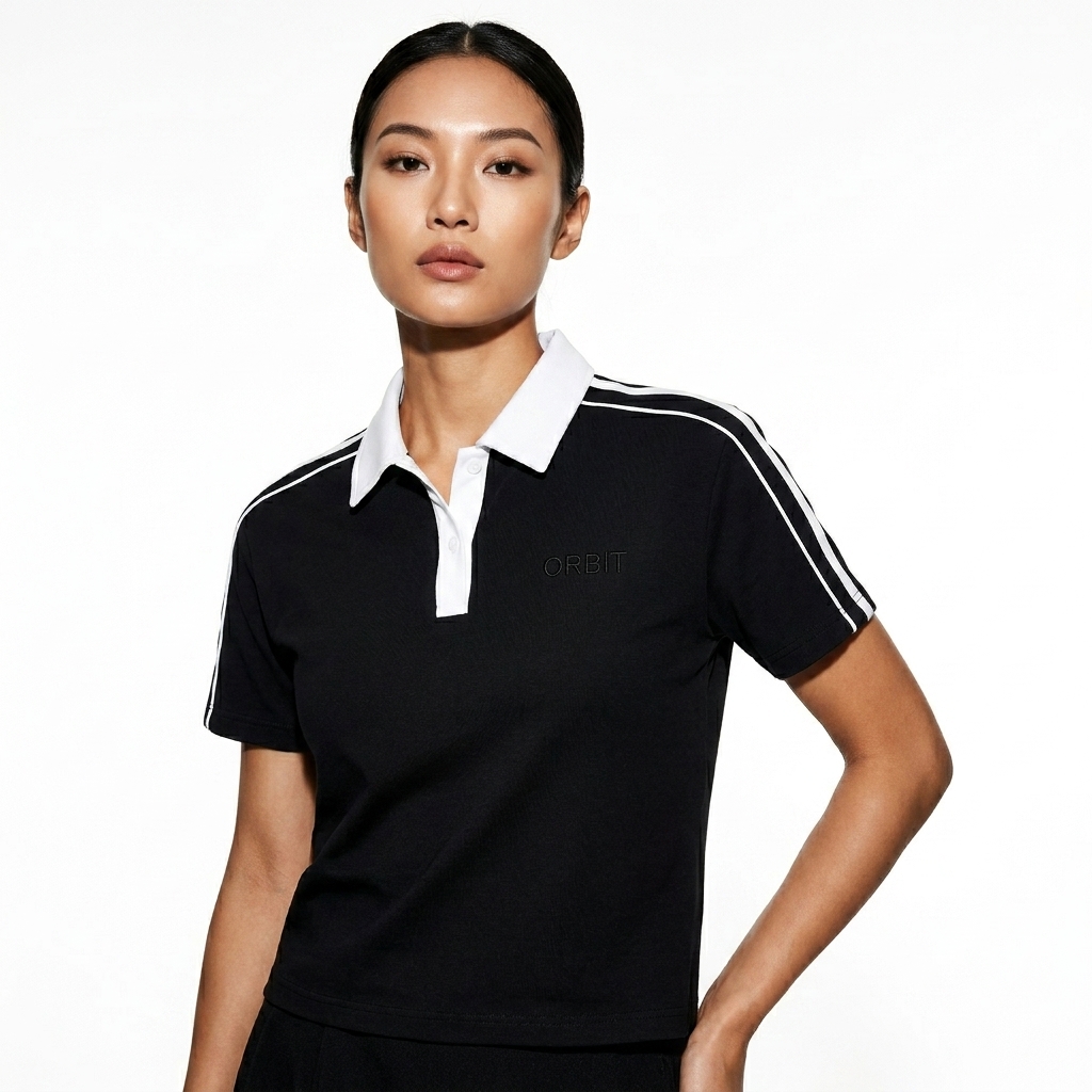 Contrast Collar Short-Sleeve Polo Shirt worn by a toned East Asian female fashion influencer, preppy ivy styling, studio lookbook — custom contrast collar short-sleeve polo shirt