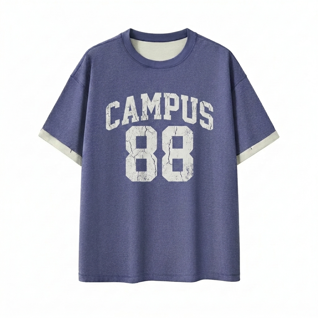 Custom Contrast Cuff T-Shirt design direction 3: Varsity Lettering featuring the CAMPUS 88 wordmark