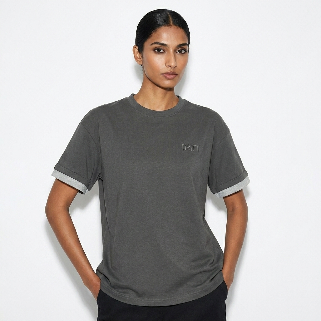 Contrast Cuff T-Shirt worn by a lean Indian female fashion influencer, downtown streetwear styling, studio lookbook — custom contrast cuff t-shirt
