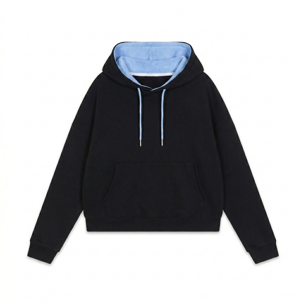 Custom Contrast Drawstring Hoodie design direction 1: Tonal Minimalist Wordmark featuring the SLATE wordmark