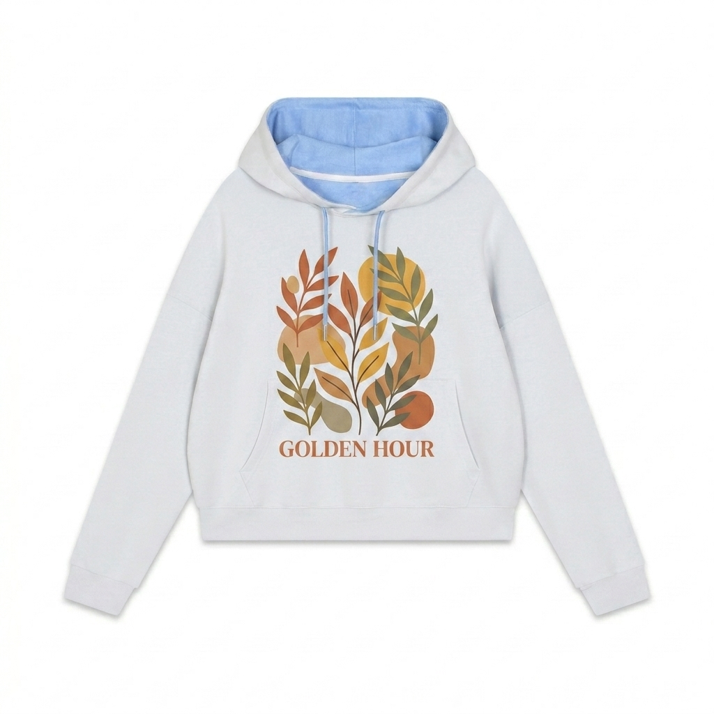 Custom Contrast Drawstring Hoodie design direction 2: Bold Graphic Illustration featuring the GOLDEN HOUR wordmark