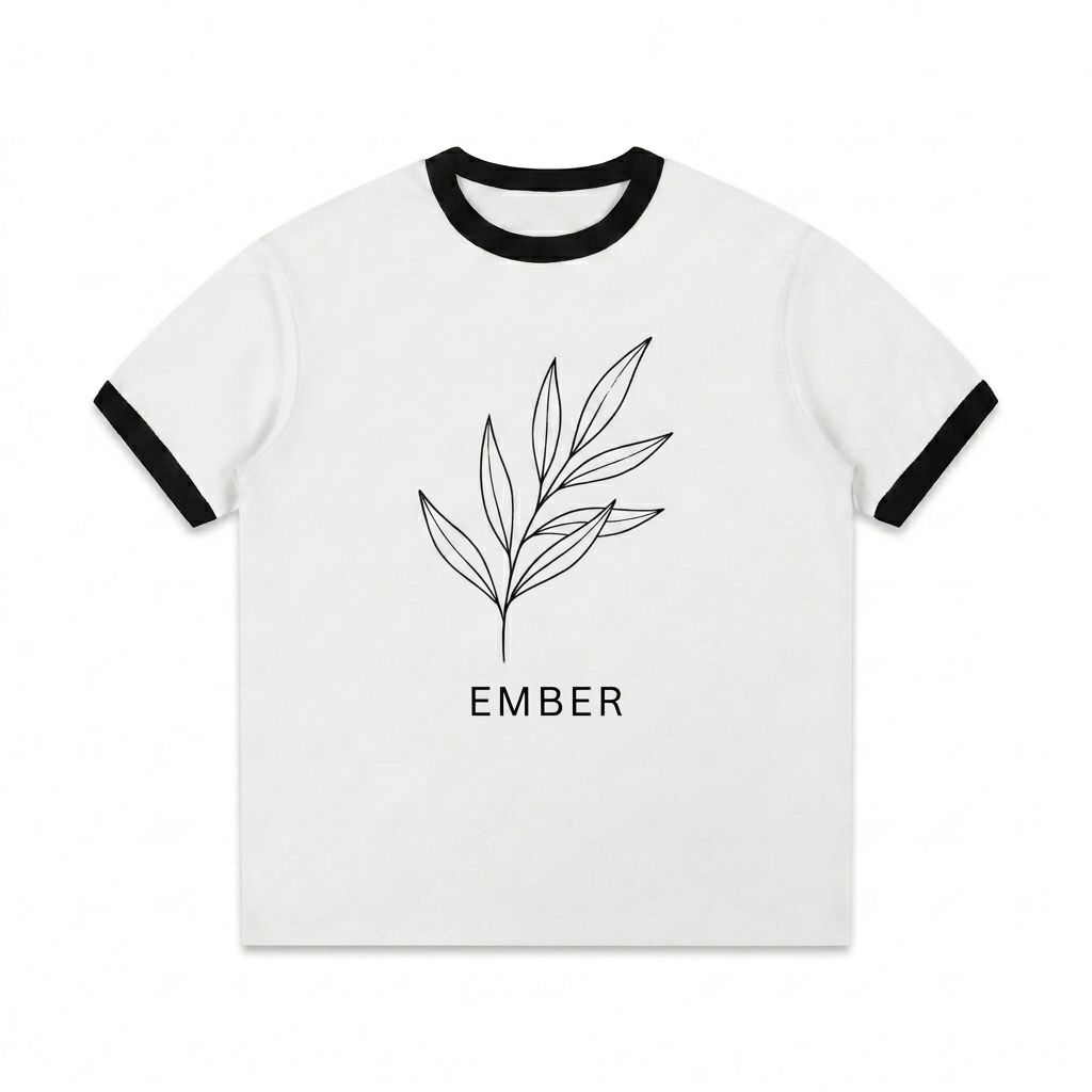 Custom Contrast Edge Ribbed T-Shirt design direction 2: Botanical Line Art featuring the EMBER wordmark