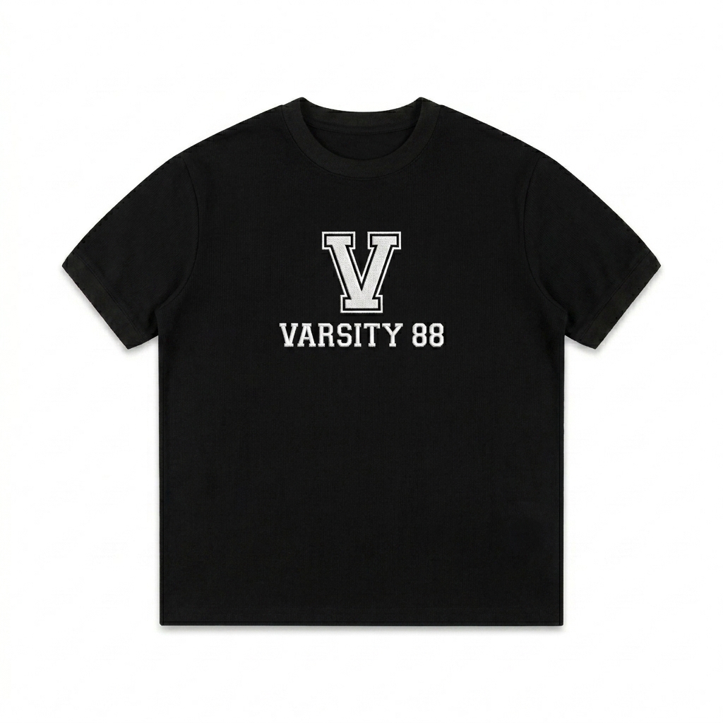 Custom Contrast Edge Ribbed T-Shirt design direction 3: Retro Collegiate Emblem featuring the VARSITY 88 wordmark