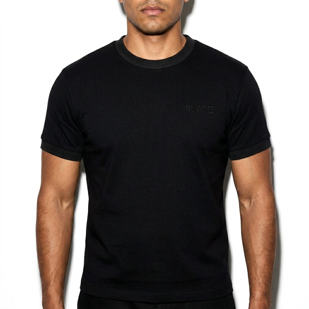 Contrast Edge Ribbed T-Shirt worn by a mid-size Hispanic male fashion influencer, workwear utility styling, studio lookbook — custom contrast edge ribbed t-shirt