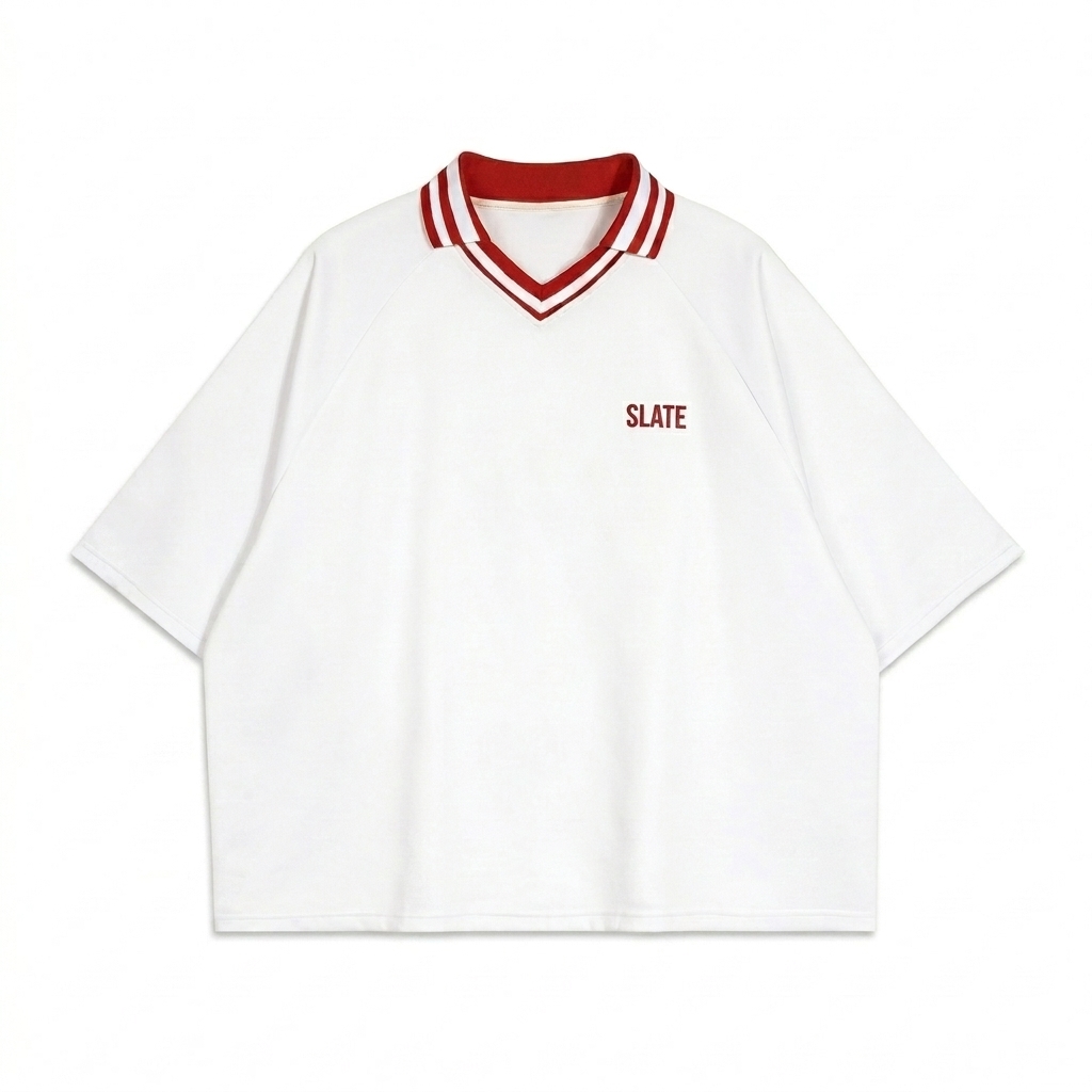 Custom Contrast Lapel Collar Boxy T-Shirt design direction 1: Tonal Minimalist Wordmark featuring the SLATE wordmark