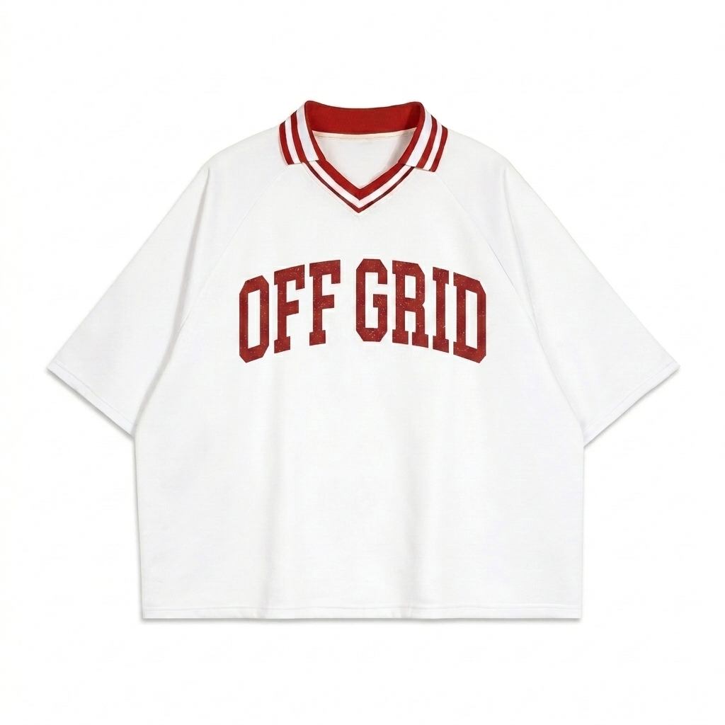 Custom Contrast Lapel Collar Boxy T-Shirt design direction 2: Retro Collegiate Graphic featuring the OFF GRID wordmark