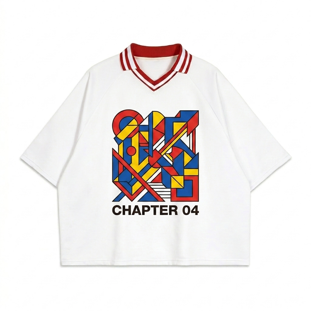 Custom Contrast Lapel Collar Boxy T-Shirt design direction 3: Abstract Geometric Illustration featuring the CHAPTER 04 wordmark