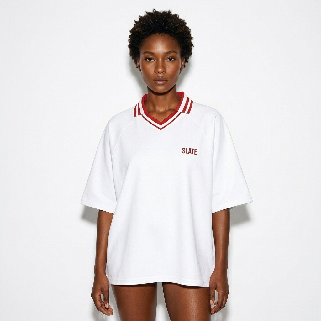 Contrast Lapel Collar Boxy T-Shirt worn by a toned Afro-Caribbean female fashion influencer, gorpcore outdoor styling, studio lookbook — custom contrast lapel collar boxy t-shirt