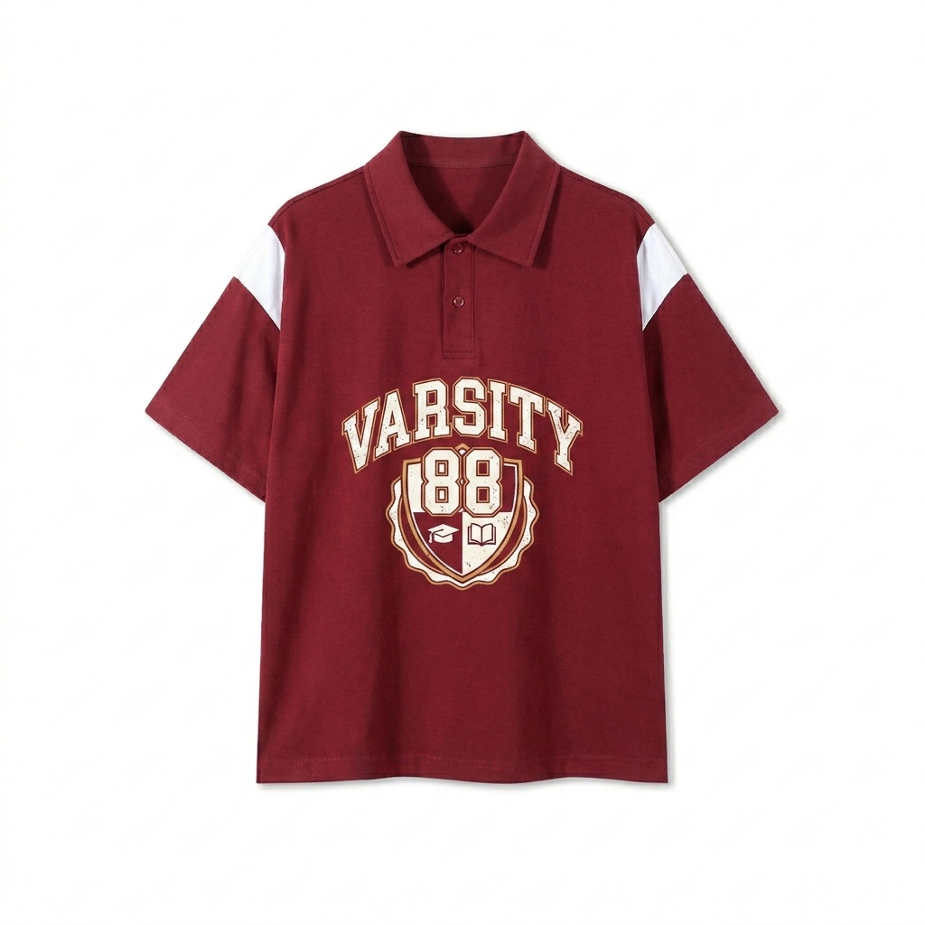 Custom Contrast Panel Cotton Polo design direction 2: Retro Collegiate Emblem featuring the VARSITY 88 wordmark