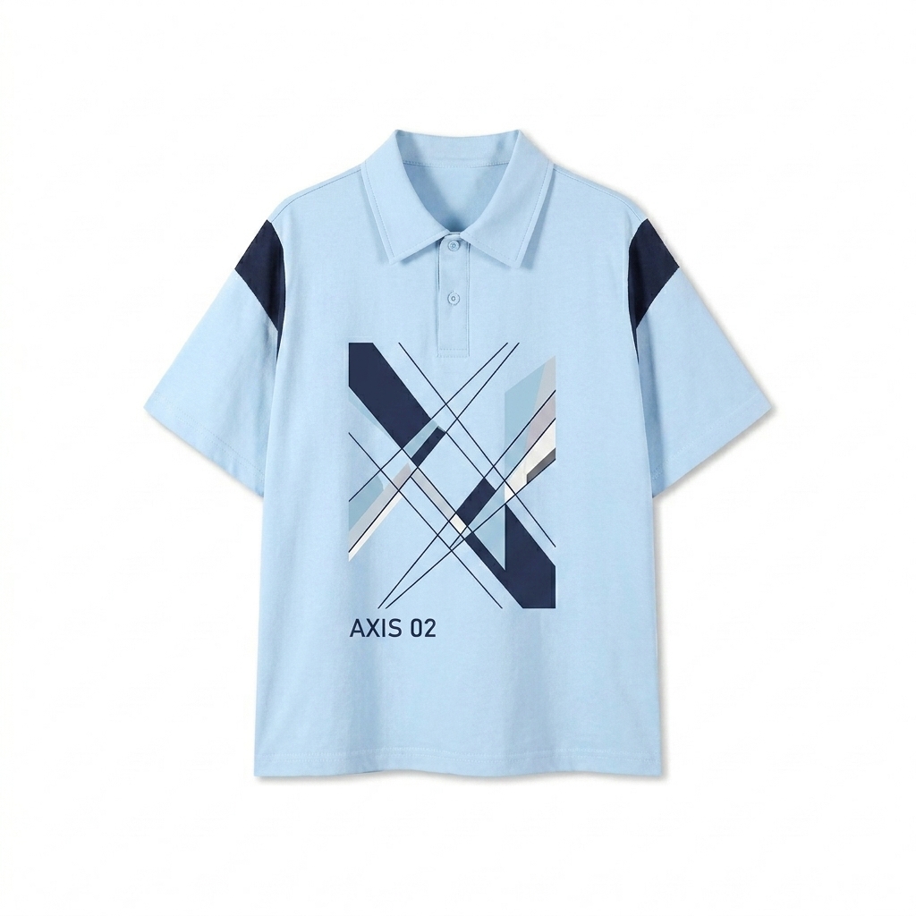 Custom Contrast Panel Cotton Polo design direction 3: Abstract Geometric Graphic featuring the AXIS 02 wordmark