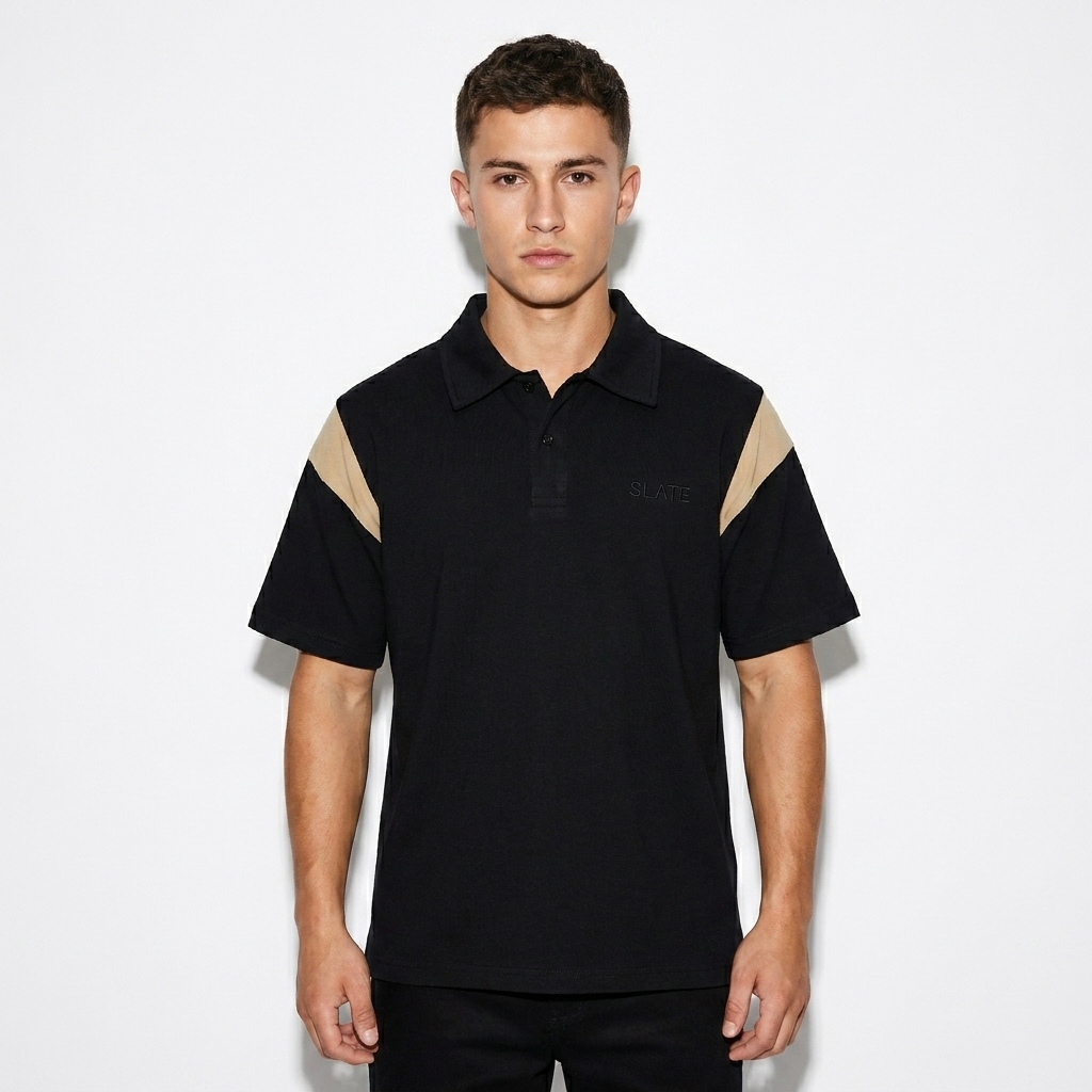 Contrast Panel Cotton Polo worn by a petite Australian male fashion influencer, y2k revival styling, studio lookbook — custom contrast panel cotton polo