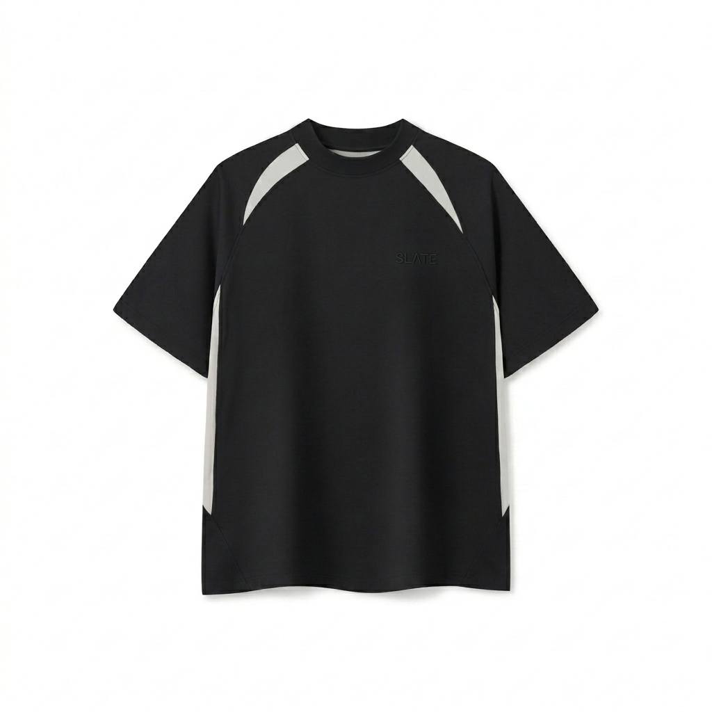 Custom Contrast Panel Performance T-Shirt design direction 1: Tonal Minimalist Wordmark featuring the SLATE wordmark