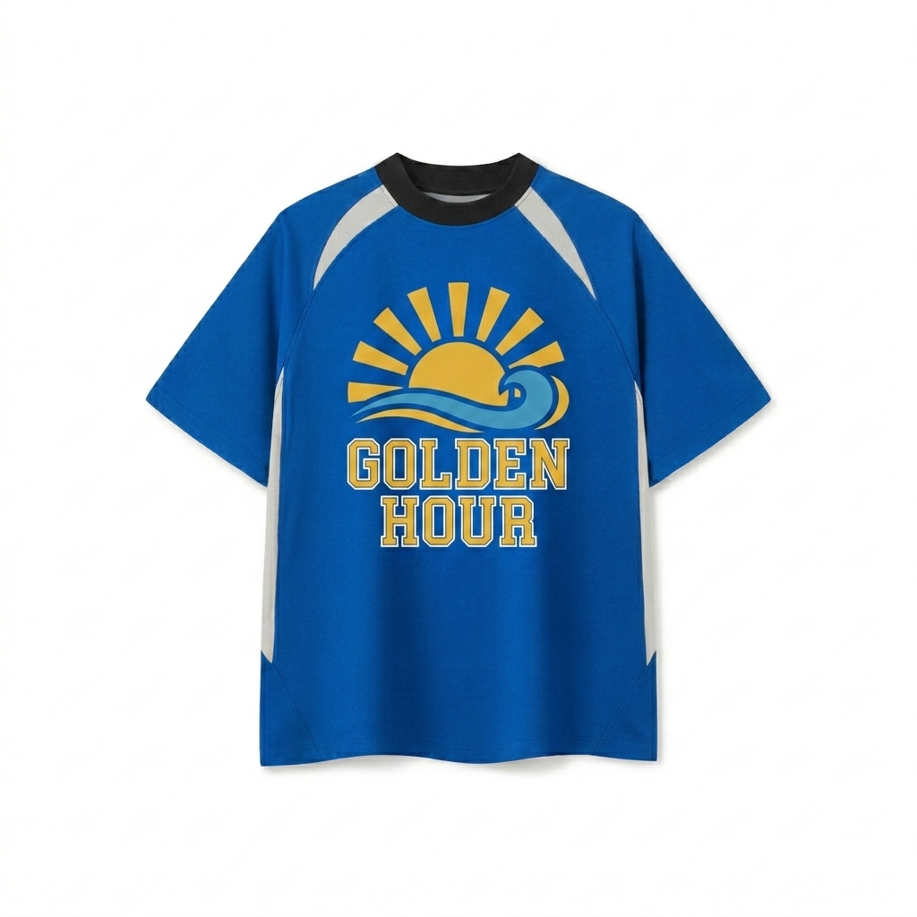 Custom Contrast Panel Performance T-Shirt design direction 2: Retro Collegiate Emblem featuring the GOLDEN HOUR wordmark