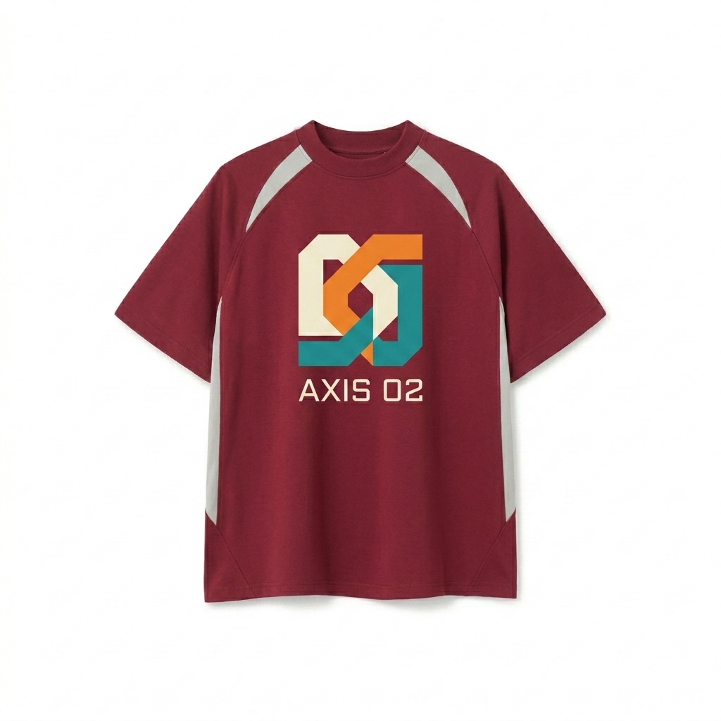 Custom Contrast Panel Performance T-Shirt design direction 3: Abstract Geometric Graphic featuring the AXIS 02 wordmark