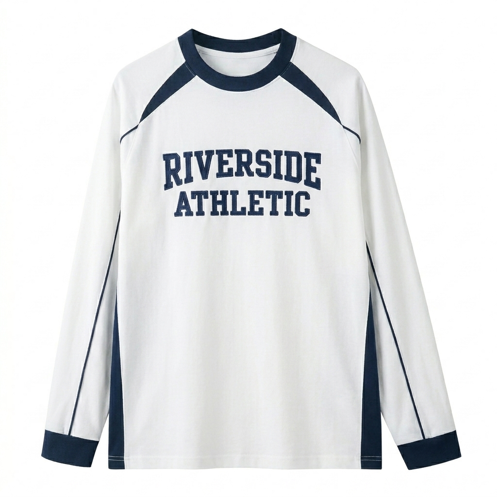 Custom Contrast Panel Raglan Sweatshirt design direction 3: Classic Collegiate Emblem featuring the RIVERSIDE ATHLETIC wordmark