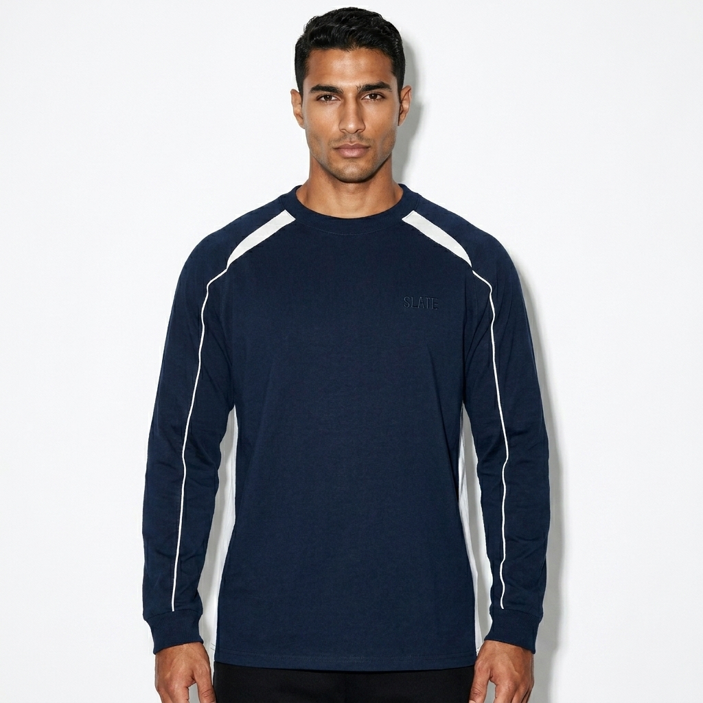 Contrast Panel Raglan Sweatshirt worn by a toned Middle Eastern male fashion influencer, y2k revival styling, studio lookbook — custom contrast panel raglan sweatshirt