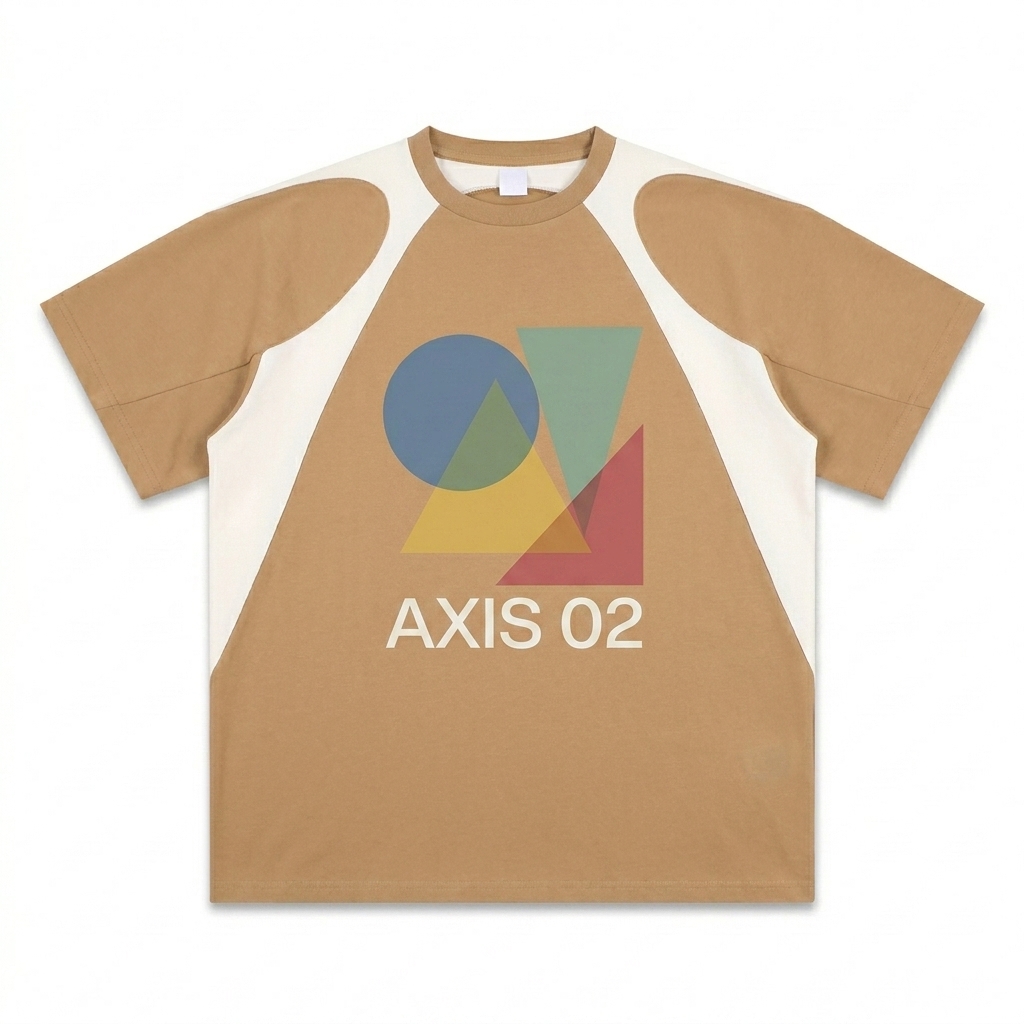 Custom Contrast Panel T-Shirt design direction 2: Abstract Geometric Print featuring the AXIS 02 wordmark