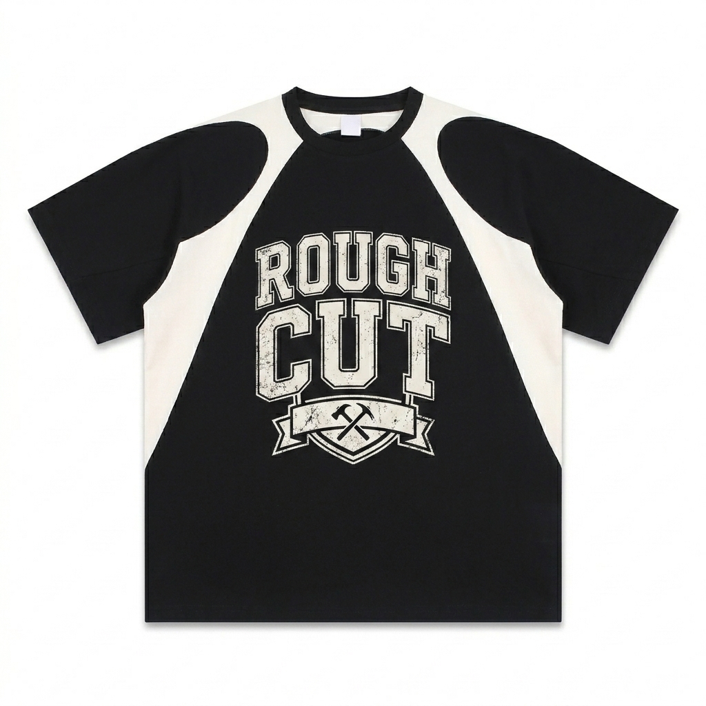 Custom Contrast Panel T-Shirt design direction 3: Streetwear Collegiate Emblem featuring the ROUGH CUT wordmark