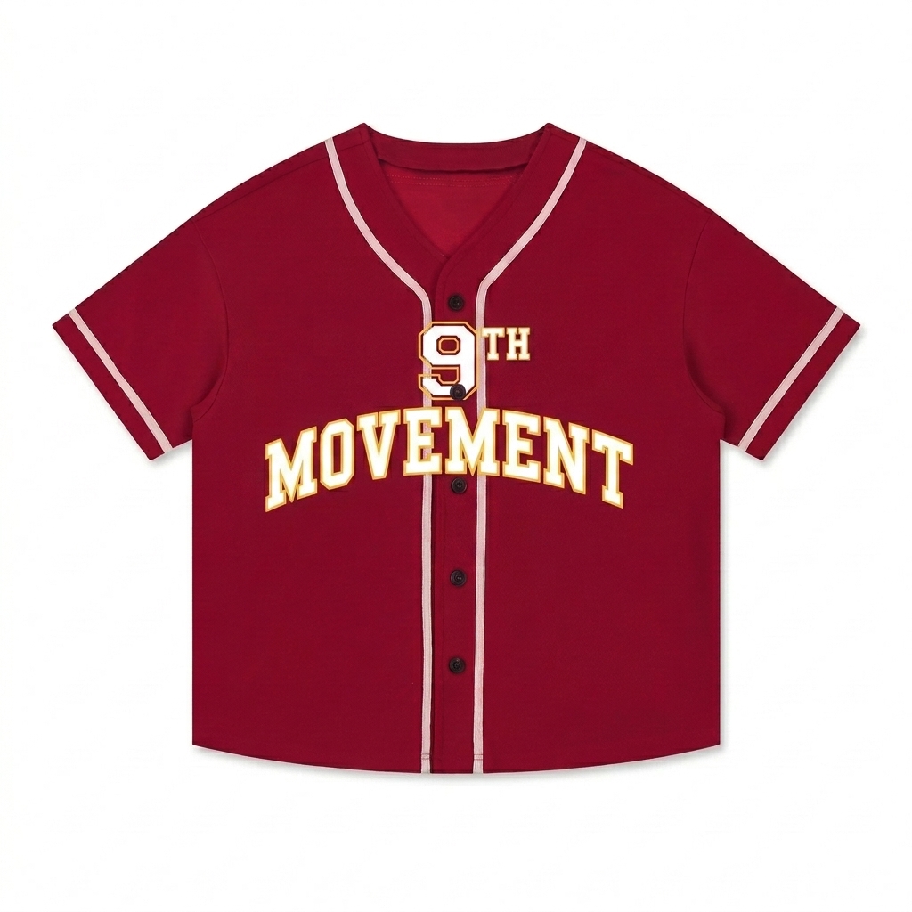 Custom Contrast Piped Button-Up Jersey design direction 2: Retro Collegiate Emblem featuring the 9TH MOVEMENT wordmark