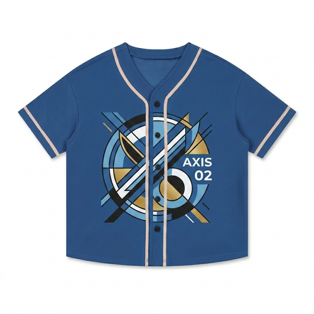 Custom Contrast Piped Button-Up Jersey design direction 3: Abstract Geometric Graphic featuring the AXIS 02 wordmark